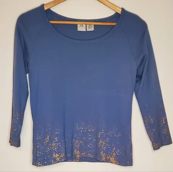 Gold Splash Periwinkle Blue 3/4 Sleeve Armani Exchange Shirt with Paint Accents - Picture 5 of 13